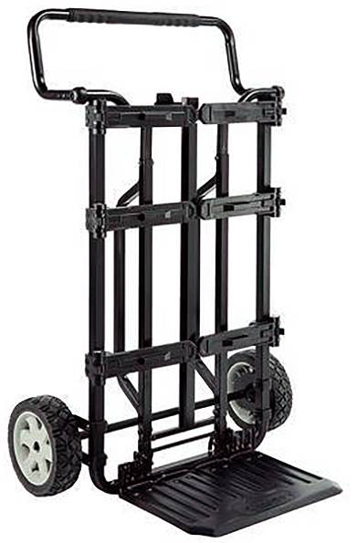 Un diable pliable de couleur noire équipé de deux roues, doté d'un cadre robuste et d'une poignée extensible adaptée au transport d'articles lourds.