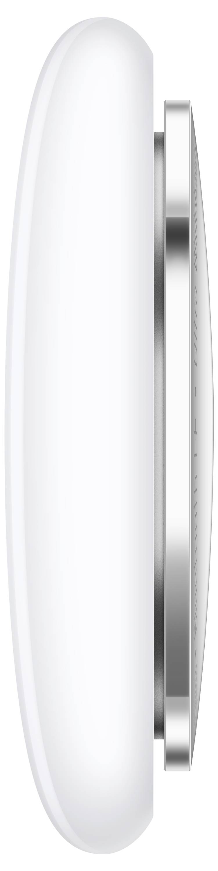 Vue latérale d'un appareil rond et compact avec une coquille extérieure blanche et une bordure intérieure métallique, ressemblant à un petit bouton ou une étiquette.