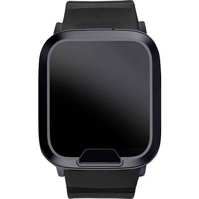 Une montre intelligente noire avec un cadran rectangulaire et un bracelet noir, affichant un écran vierge, sur un fond blanc.