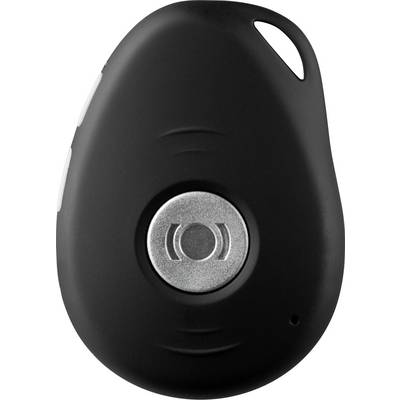 Un petit appareil en forme de larme noire avec un bouton métallique central, probablement une alarme de sécurité personnelle ou un localisateur de clés.
