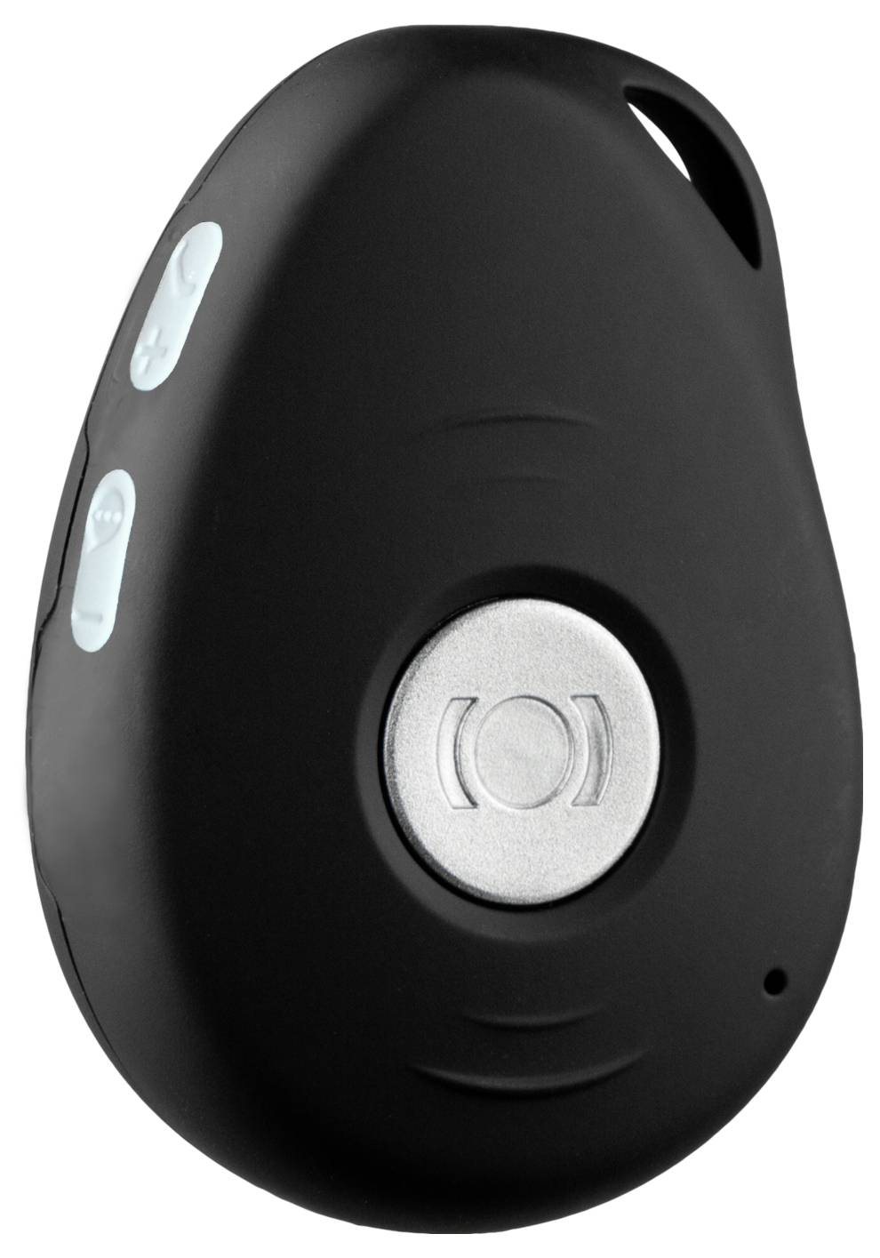 Un petit appareil noir avec un bouton central argenté et deux boutons latéraux, conçu comme un système d'alerte d'urgence personnel.