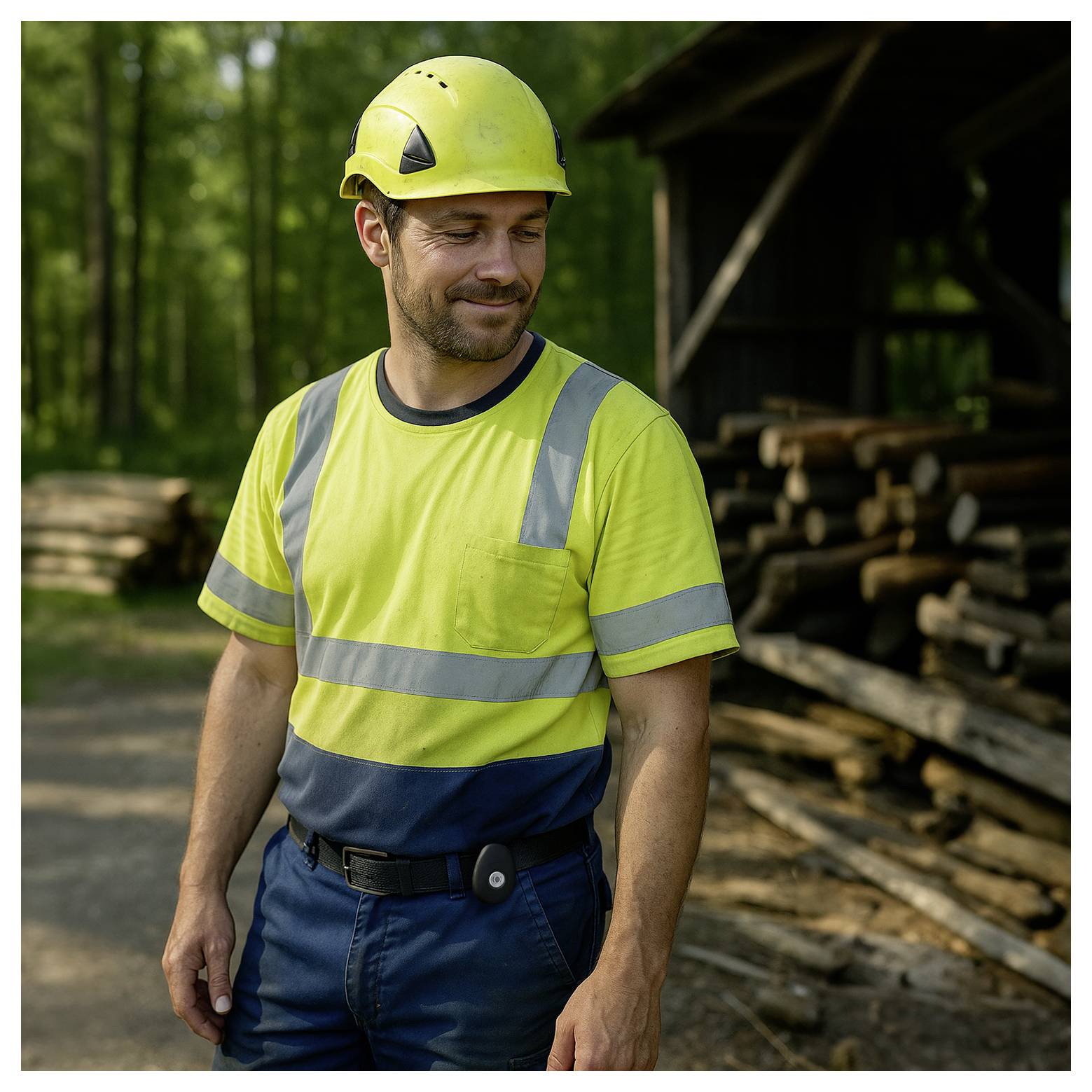 Une personne portant un casque de sécurité jaune et une chemise haute visibilité se tient dans une zone boisée avec des billes de bois empilées en arrière-plan, ce qui suggère un travail forestier.