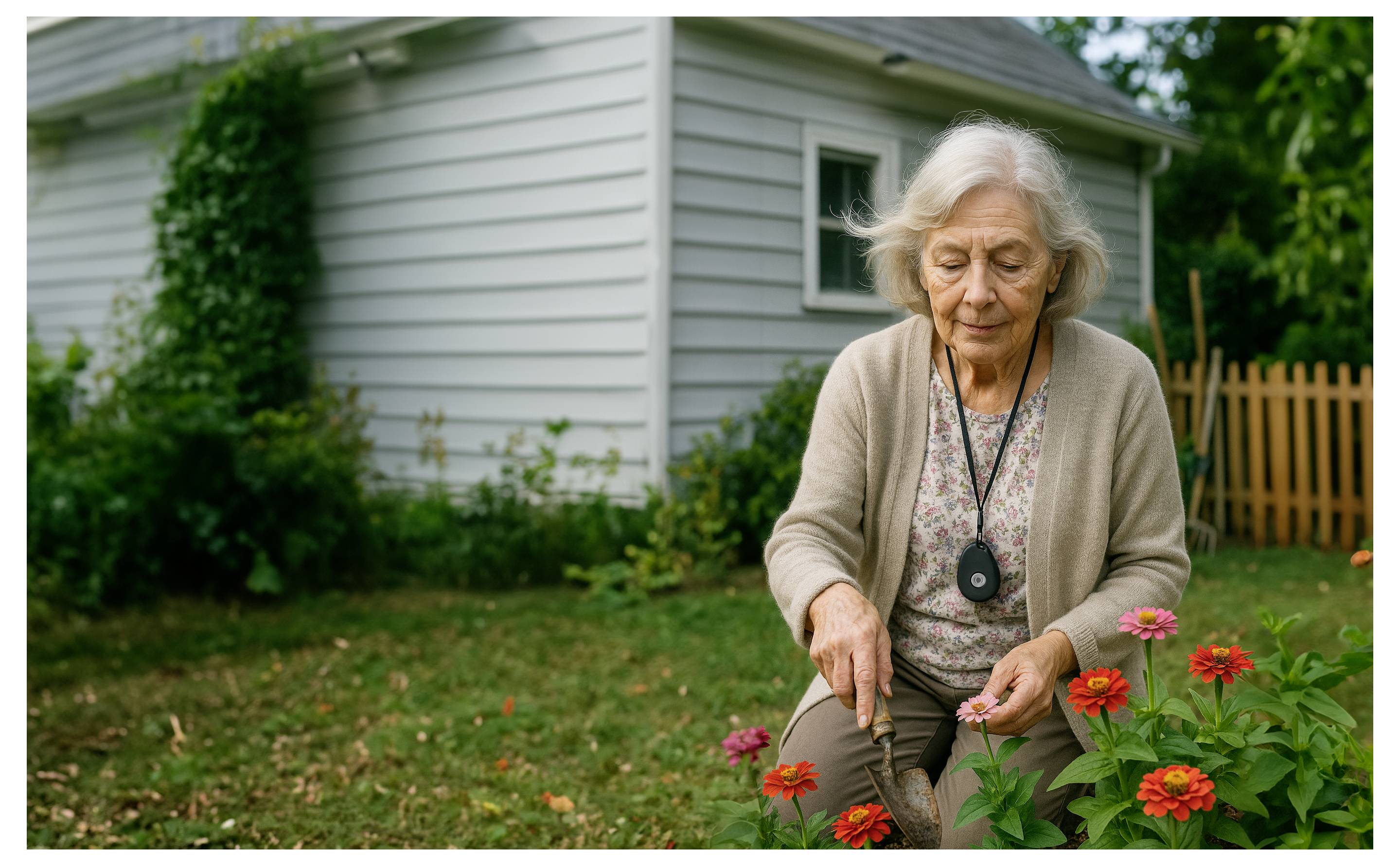 Une femme âgée faisant du jardinage, s'occupant de fleurs colorées avec un petit outil, devant une maison gris clair avec de la verdure et une clôture.