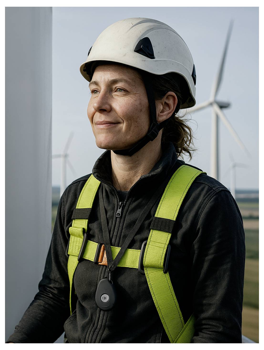 Une personne portant un équipement de sécurité et un casque se tient près d'une éolienne, regardant au loin, avec d'autres éoliennes en arrière-plan.