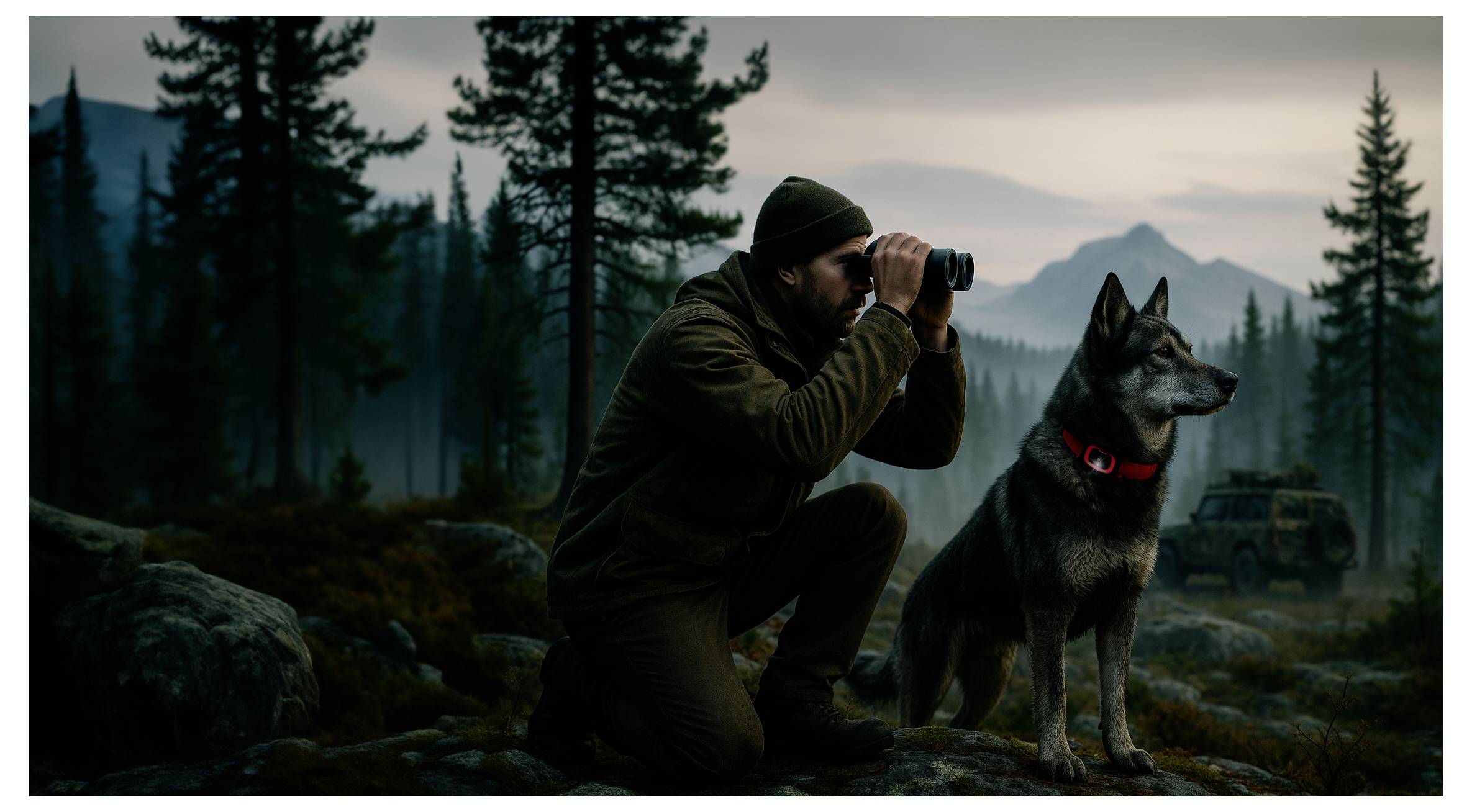 « Un homme s'agenouille, utilisant des jumelles pour scruter un paysage forestier, tandis qu'un chien au collier rouge s'assoit à côté de lui, vigilant. »