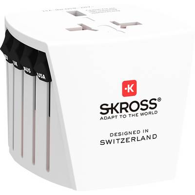 Adaptateur de voyage SKROSS blanc, conçu en Suisse, avec plusieurs types de fiches pour une compatibilité mondiale.