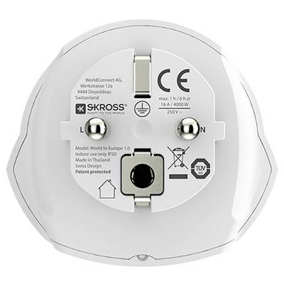 L'image montre l'arrière d'un adaptateur de voyage universel Skross avec diverses certifications électriques et spécifications.