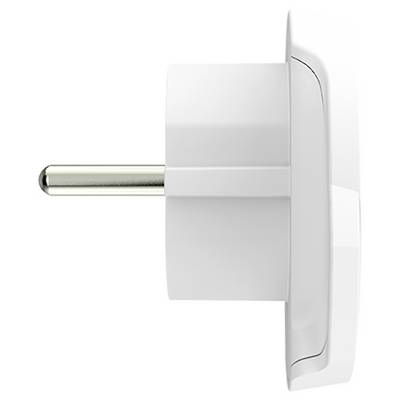Un adaptateur de prise électrique européenne blanche vu de côté, montrant une broche métallique et un design minimaliste, utilisé pour la conversion de courant.