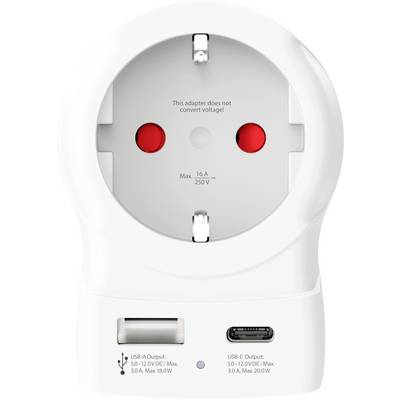Un adaptateur secteur blanc avec ports USB-A et USB-C. Marqué « Cet adaptateur ne convertit pas la tension » et « Max 16 A, 250 V ».