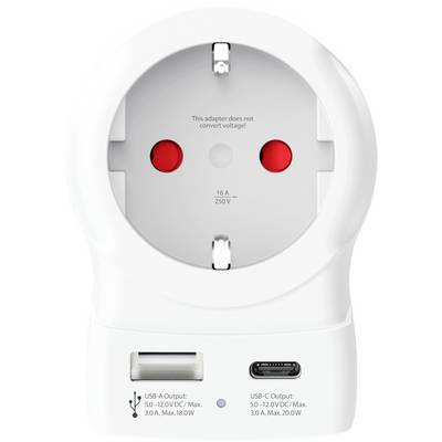 Adaptateur de voyage avec ports USB-A et USB-C, supporte 250V et 16A, note : ne convertit pas la tension.
