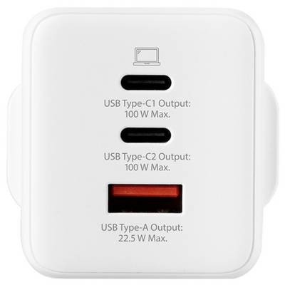 Un adaptateur de charge blanc avec trois ports : deux sorties USB Type-C (100W max chacune) et une sortie USB Type-A (22,5W max).