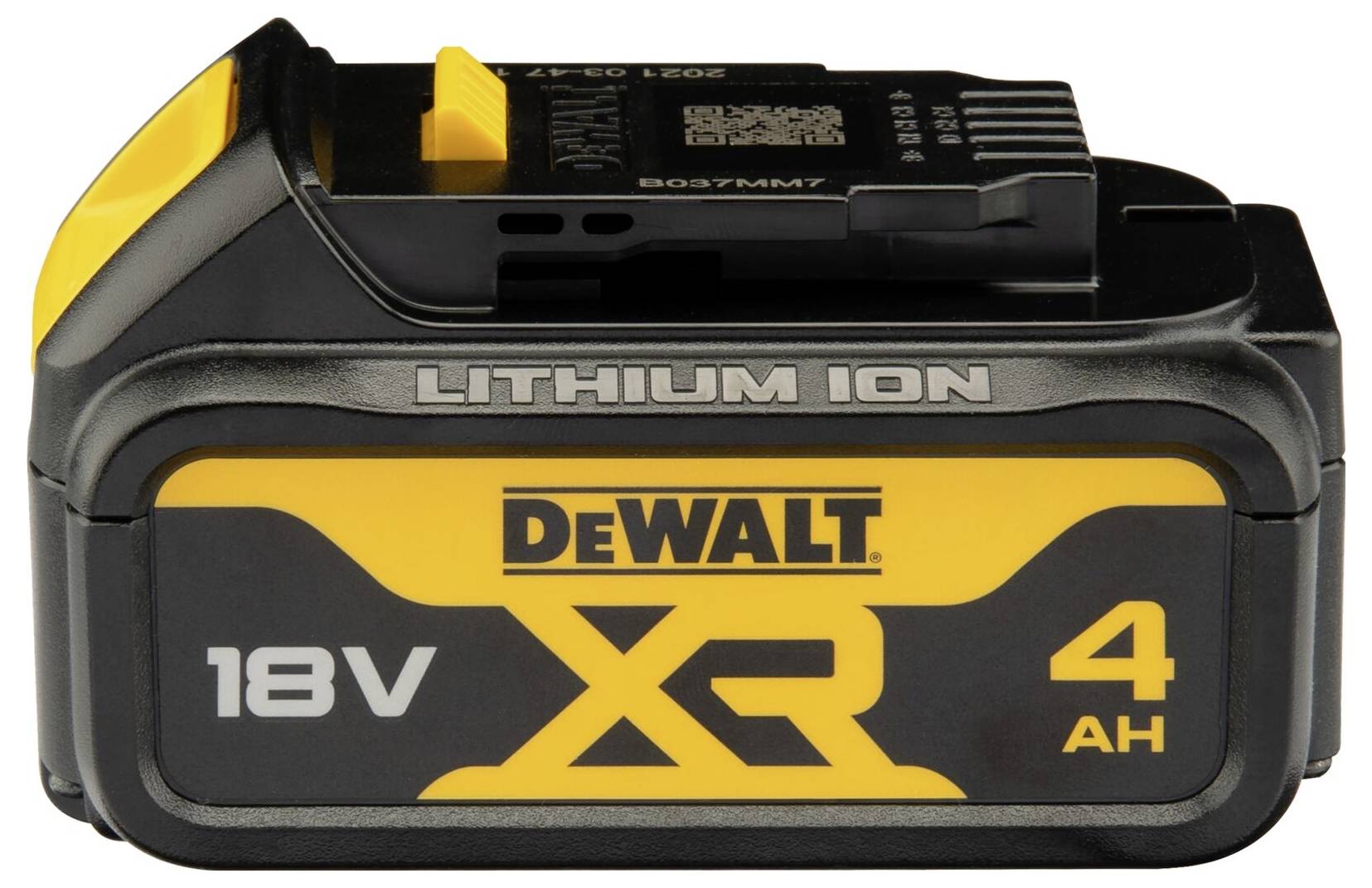 Batterie Dewalt XR 18V 4 Ah aux ions lithium, design noir et jaune, affichant l'image de marque et les spécifications sur le côté.