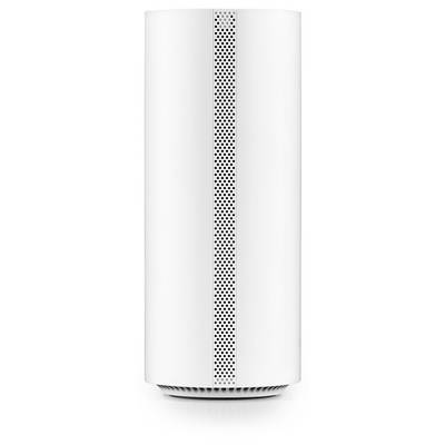 Un purificateur d'air cylindrique blanc avec une grille d'aération verticale au centre, conçu pour la filtration de l'air intérieur.