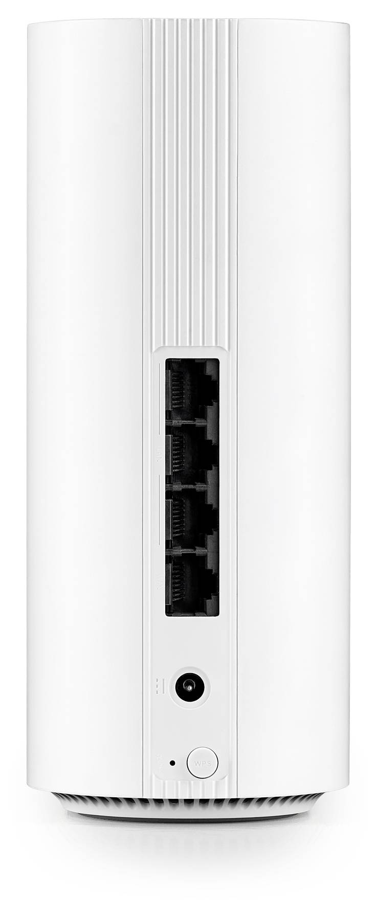 Un appareil de mise en réseau vertical blanc avec quatre ports Ethernet visibles et un connecteur d'alimentation sur le bas.