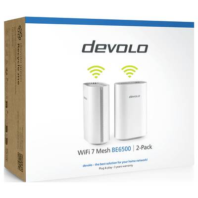 L'emballage « Devolo WiFi 7 Mesh BE6500 2-Pack » affiche deux unités mailles avec des symboles WiFi, promouvant un réseau domestique rapide et fiable.