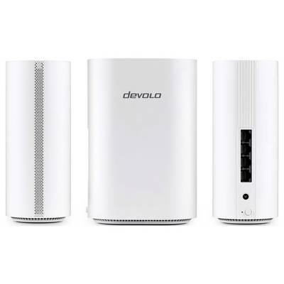 'Trois appareils réseau Devolo blancs avec des trous de ventilation ; l'un avec quatre ports Ethernet et une entrée d'alimentation, les autres avec marquage de marque.'