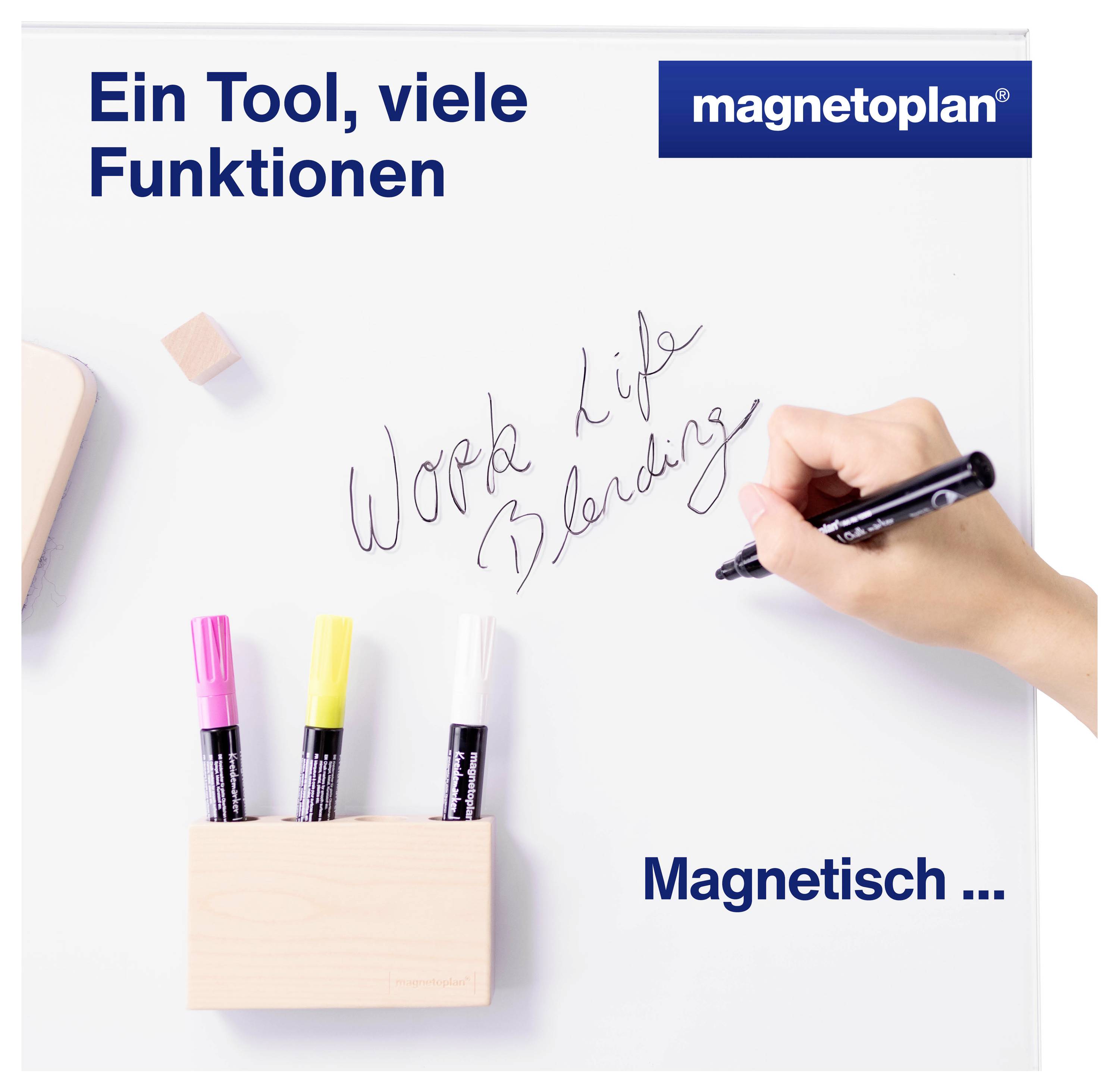 Une main écrit avec un stylo « Work Life Blending » sur un tableau blanc magnétique. Texte : « Un outil, plusieurs fonctions, Magnétique ».