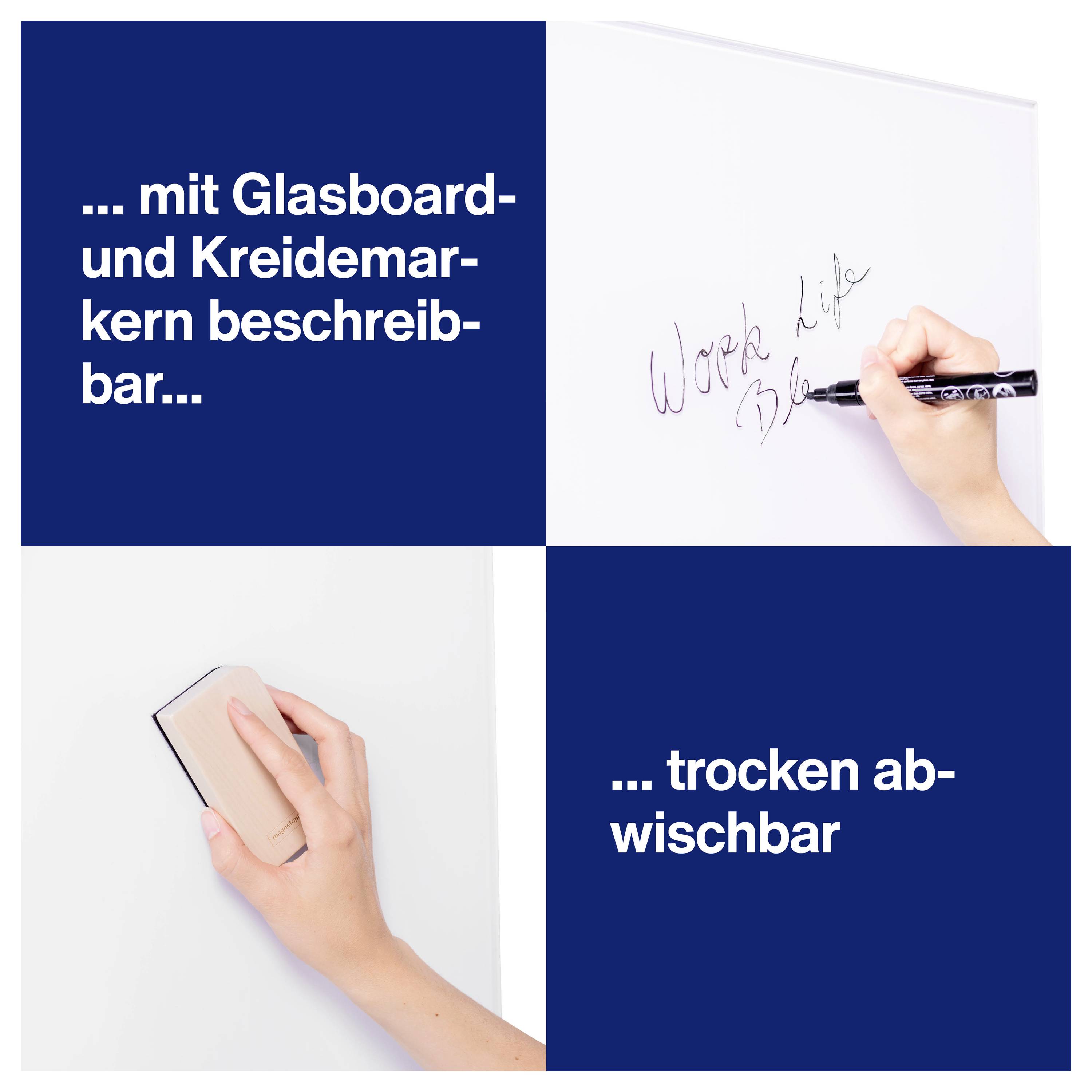 Une main écrit sur un tableau en verre, texte "Work Life Balance". Une autre image montre une main qui efface le tableau en verre. Texte : "... inscriptible avec noyau tableau blanc et marqueur de craie... ... effaçable à sec".