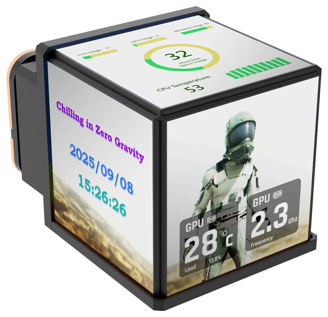 Appareil en forme de cube affichant les statistiques du système : utilisation du processeur à 32 %, température 53°C ; charge du GPU 28°C à 2,3 GHz. Graphique d'astronaute.