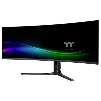 Un large moniteur informatique courbé avec un écran noir affichant le logo « Thermaltake ». L'écran affiche un motif d'ondes coloré et faible.