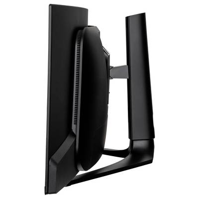 Vue latérale d'un écran d'ordinateur noir et élégant avec un écran incurvé et un socle robuste, mettant en évidence son profil fin et son design moderne.