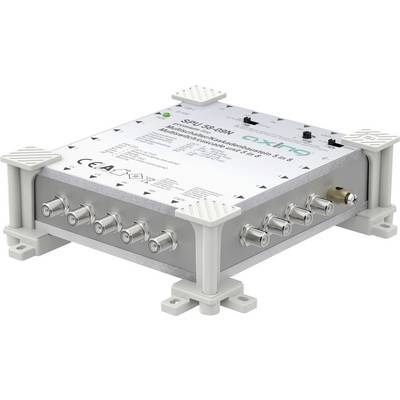 Un appareil électronique gris avec des câbles et des ports sur ses côtés. Il affiche diverses certifications et un logo sur le dessus, utilisé pour les connexions numériques.