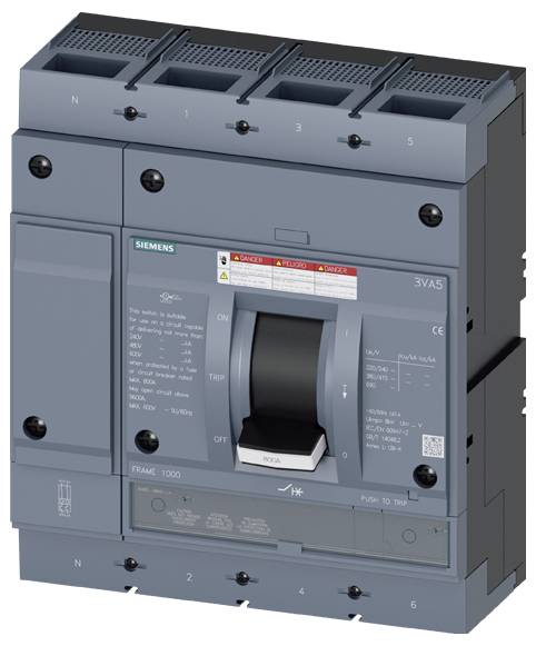 'Disjoncteur Siemens, 3VA5, gris, avec un levier étiqueté « ON » et « OFF », des étiquettes d'avertissement et des connexions de bornes visibles sur le dessus.'