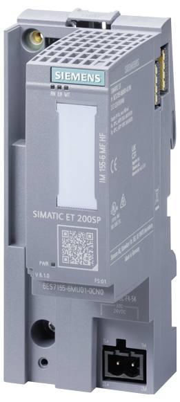 Un module industriel Siemens SIMATIC ET 200SP IM 155-6PN HF avec un extérieur gris épuré et une marque visible, conçu pour les systèmes d'automatisation.