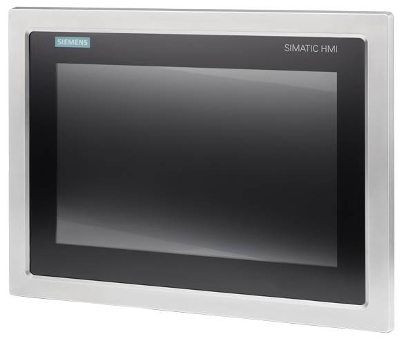 Un écran tactile industriel « Siemens Simatic HMI » avec un cadre argenté, utilisé pour l'interfaçage avec les machines et les systèmes.