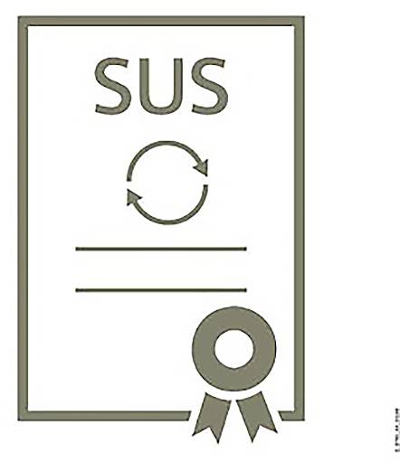 « Certificat avec les lettres SUS en haut, un symbole de flèche au centre et un ruban en bas. Représente probablement la durabilité ou la certification. »