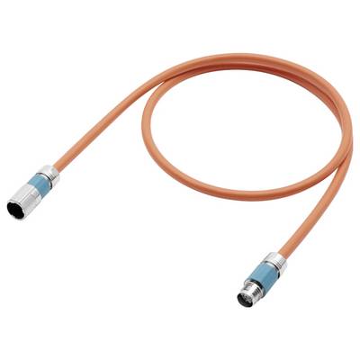 Câble orange avec des connecteurs métalliques à chaque extrémité, enroulé pour former une boucle. Convient pour les connexions industrielles ou électroniques.