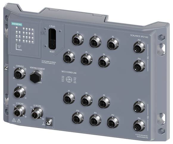 Commutateur Ethernet industriel 'Siemens SCALANCE XP216G' avec plusieurs ports, voyants LED pour l'indication d'état et un bouton de réinitialisation.