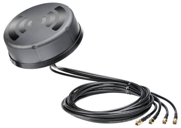 Une antenne GPS noire avec un design circulaire est connectée à trois câbles avec des connecteurs dorés. Elle est utilisée pour la réception de signal.