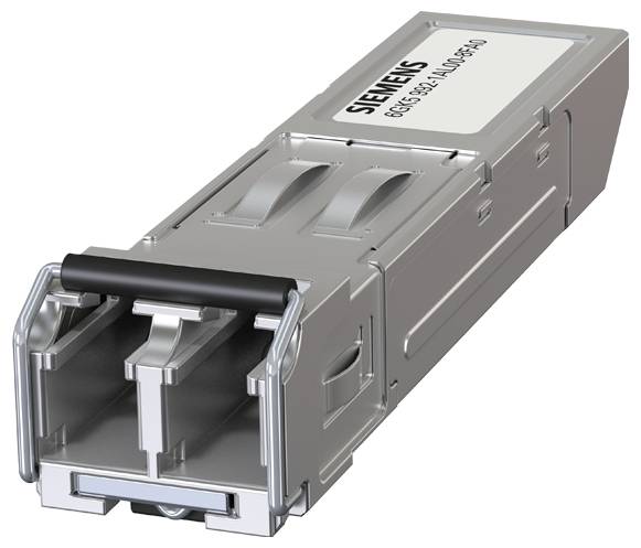 Un transcepteur SFP Siemens pour les connexions réseau, présentant un design rectangulaire métallique avec des ports de connexion sur la façade.