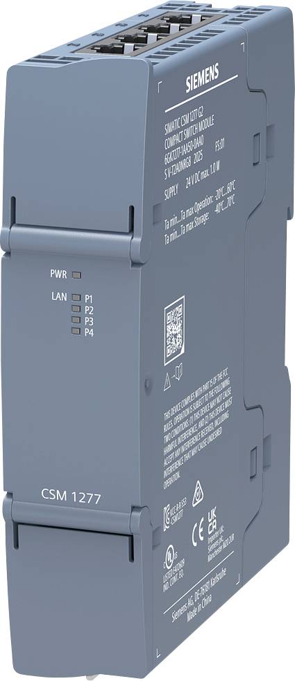 Un module commutateur compact Siemens CSM 1277 avec des ports visibles et des indicateurs étiquetés, utilisé pour les connexions réseau dans les systèmes d'automatisation.