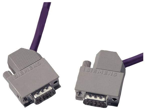 Deux connecteurs Siemens gris avec des broches visibles, attachés à des câbles violets, positionnés côte à côte sur un fond uni.