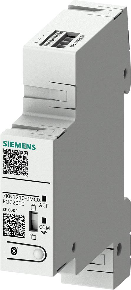 Module de communication Siemens monté sur rail DIN avec voyants d'état, étiqueté « 7KN1210-0MC0 POC2000 », codes QR frontaux et indicateurs Bluetooth/COM.