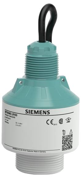 Un capteur Siemens LR100 bleu-vert et blanc, cylindrique avec un filetage à la base et un câble noir sur le dessus, étiqueté avec le modèle et les marques de certification.