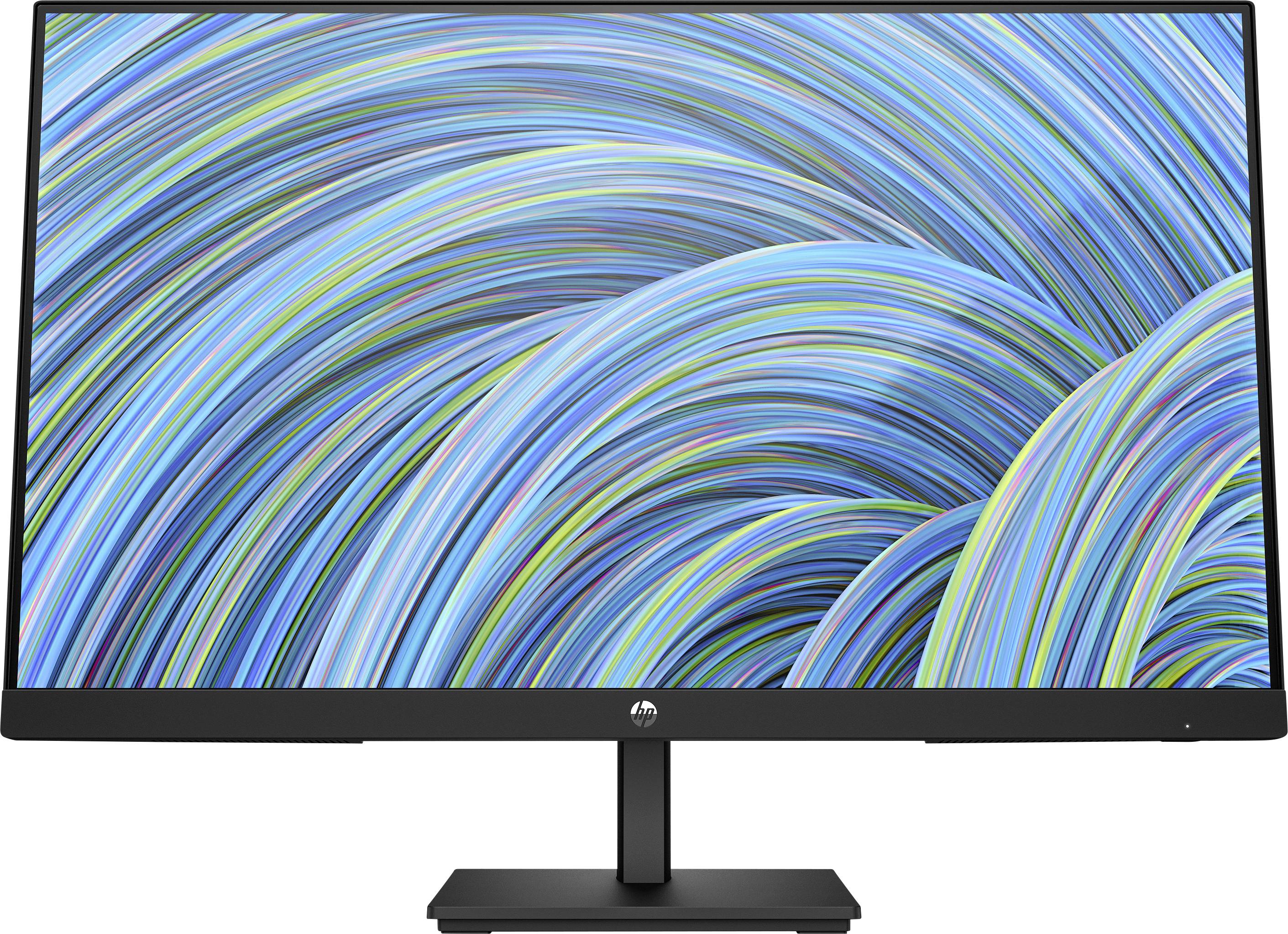 Un moniteur d'ordinateur incurvé avec un support noir affiche un motif abstrait vibrant de lignes bleues et vertes tourbillonnantes sur l'écran.