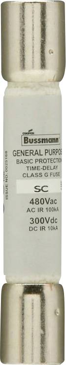 Un fusible en verre à retard de temps à usage général Bussmann G évalué à 480Vac, 300Vdc et 100A AC, conçu pour une protection de base.
