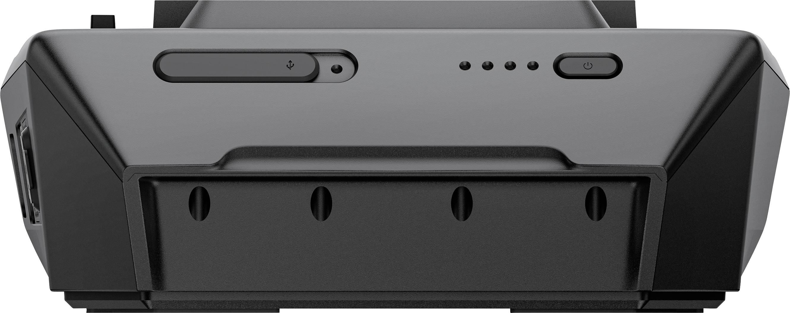Un appareil électronique rectangulaire noir avec des boutons et des voyants indicateurs sur le devant, ressemblant à une console de jeu ou à un lecteur multimédia.