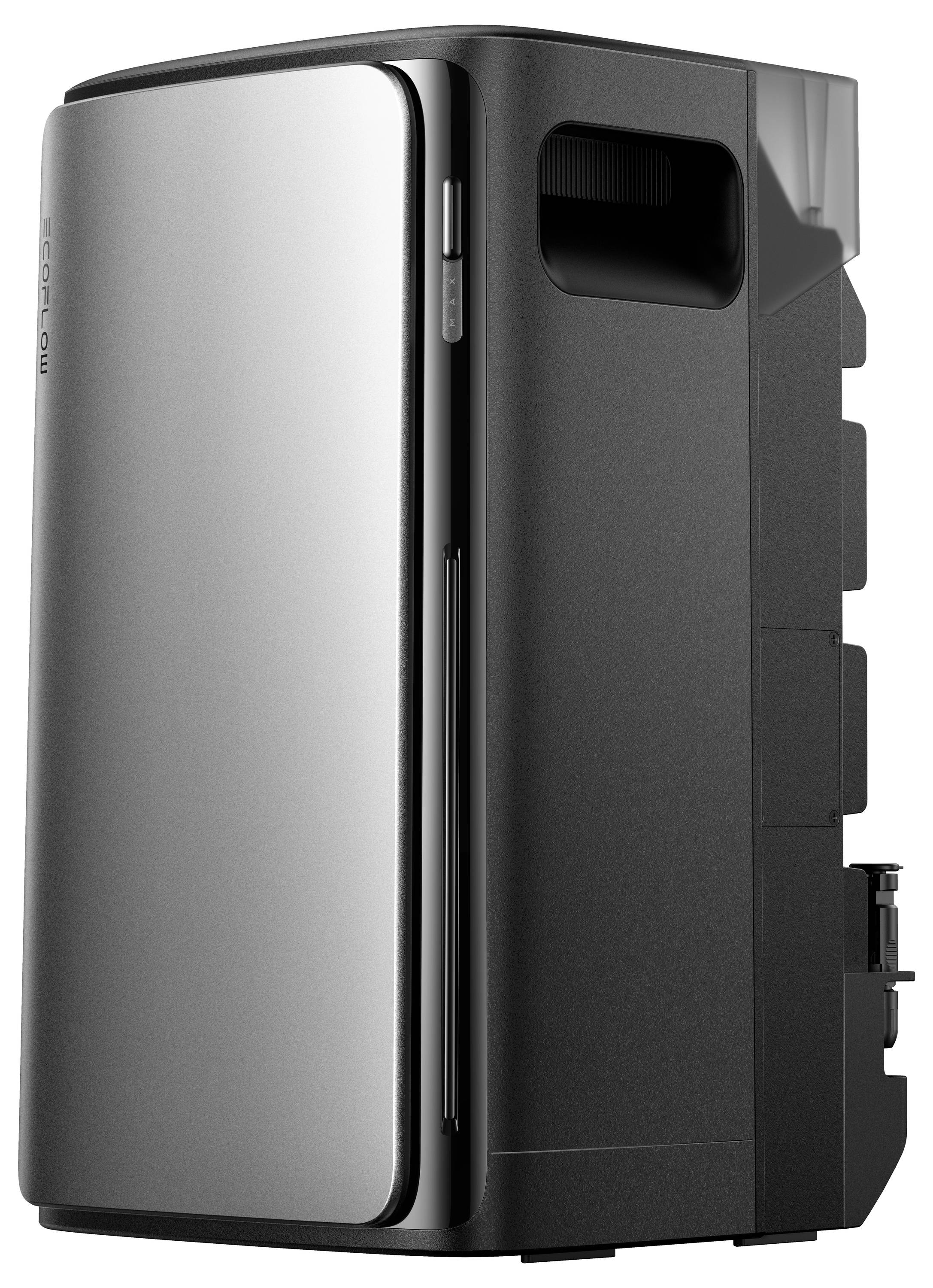 Une batterie externe blanche avec un symbole d'alimentation bleu et quatre voyants indicateurs affichant le niveau de charge.
