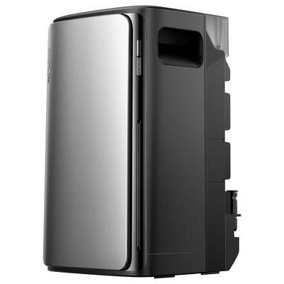 Une batterie externe blanche avec un symbole d'alimentation bleu et quatre voyants indicateurs affichant le niveau de charge.