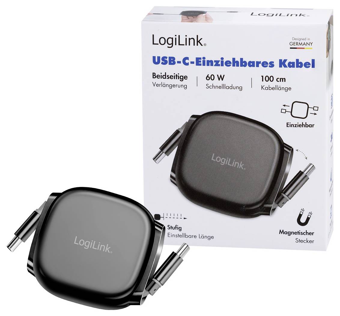 « Un câble USB-C rétractable noir de LogiLink, avec emballage affichant les caractéristiques : charge rapide 60W, longueur 100cm, prise magnétique, ajustable. »