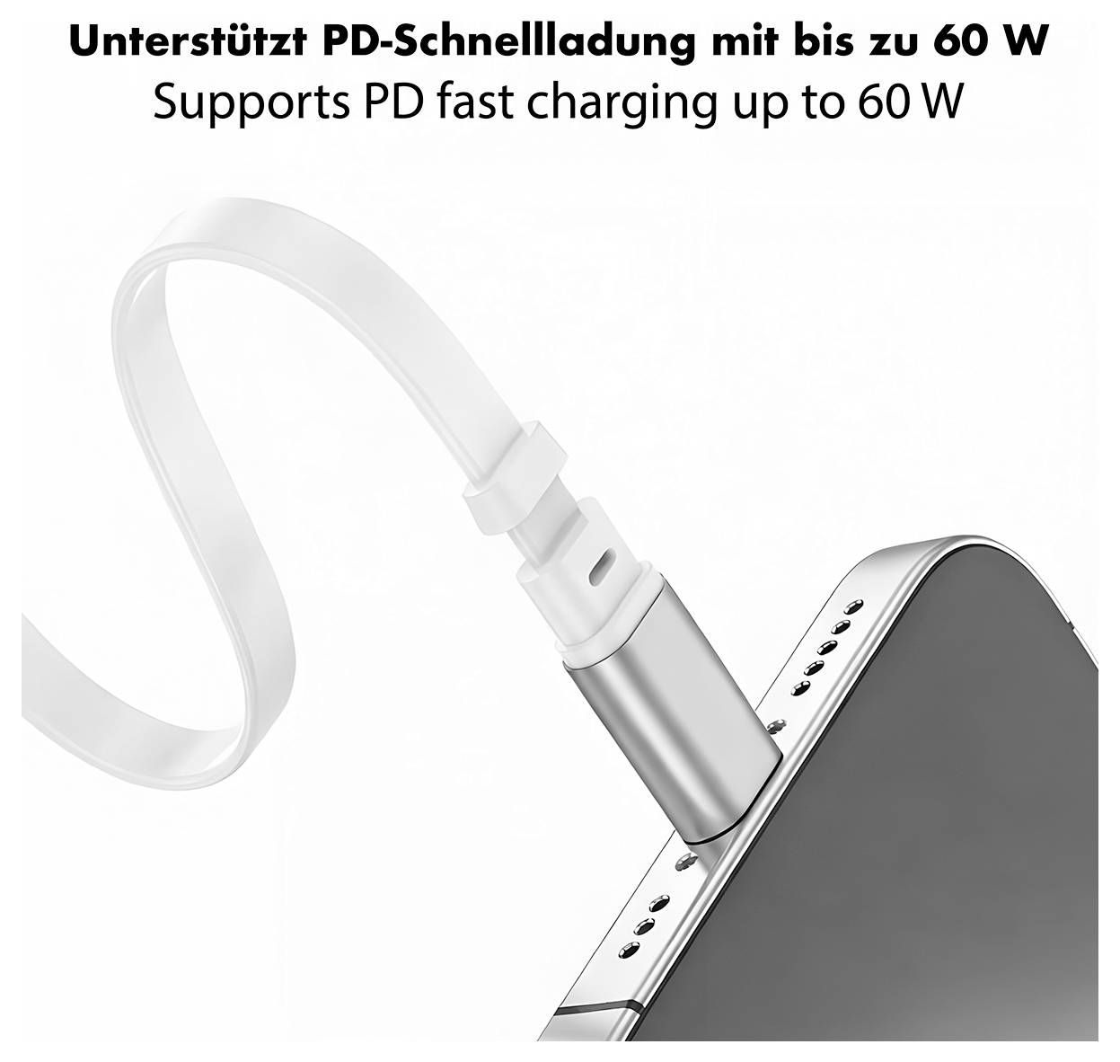 Un téléphone est connecté à un câble de charge. Le texte au-dessus indique « Supporte la charge rapide PD jusqu'à 60 W », indiquant une capacité de charge rapide.
