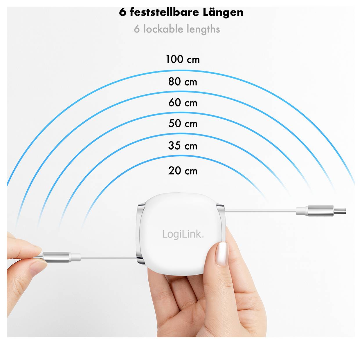 Câble rétractable 'LogiLink' avec 6 longueurs verrouillables : 100 cm, 80 cm, 60 cm, 50 cm, 35 cm, 20 cm. L'image montre un diagramme des options d'extension du câble.