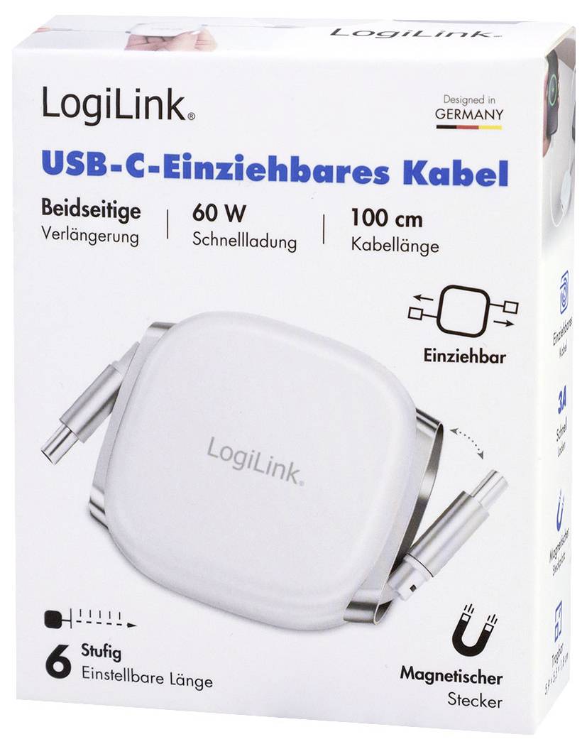 Emballage de câble USB-C rétractable LogiLink avec charge rapide 60W, longueur de 100cm, taille ajustable et prise magnétique, conçu en Allemagne.