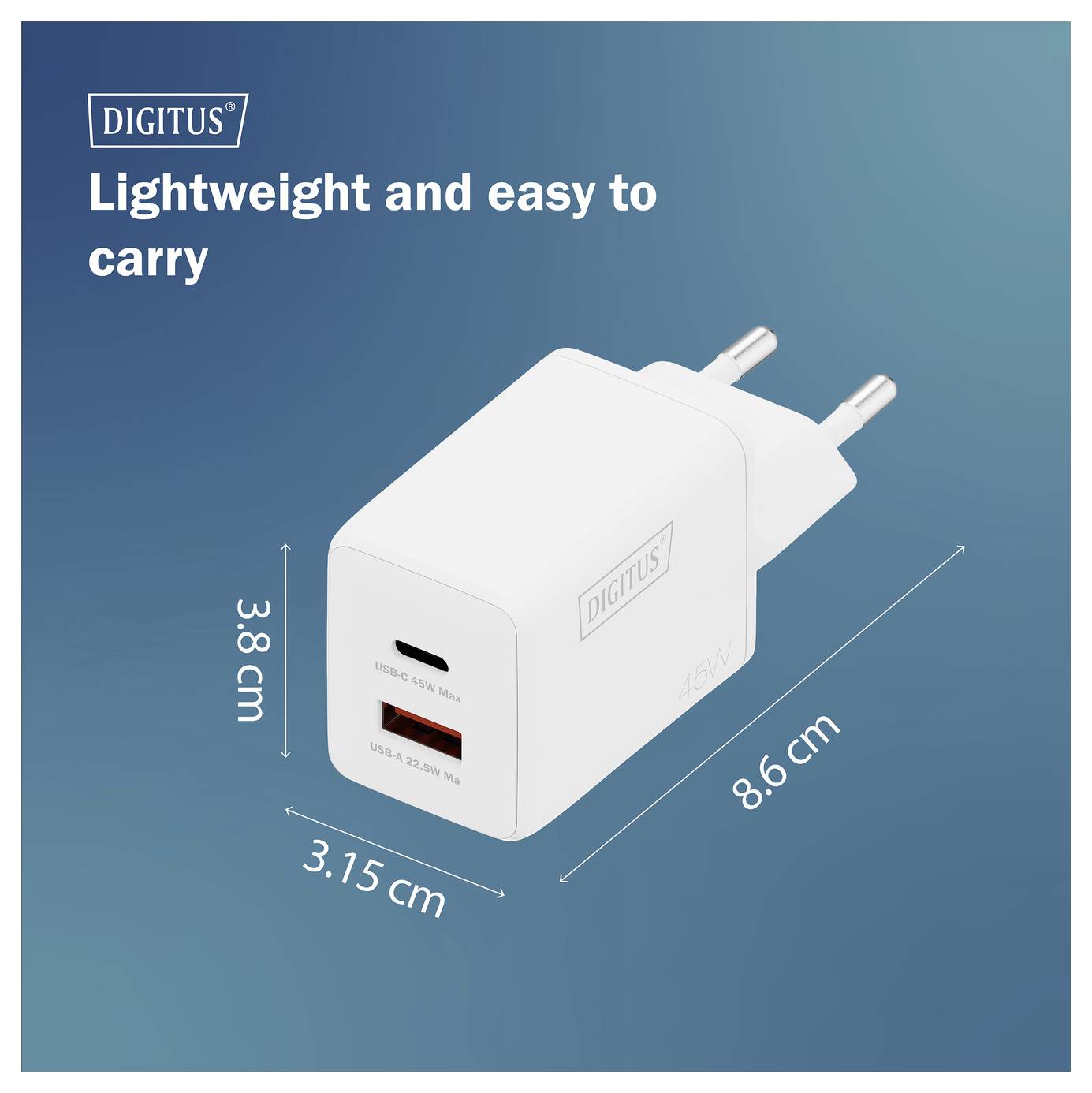 Chargeur mural « léger et facile à transporter » présenté avec les dimensions suivantes : 8,6 cm de longueur, 3,8 cm de hauteur, 3,15 cm de largeur.