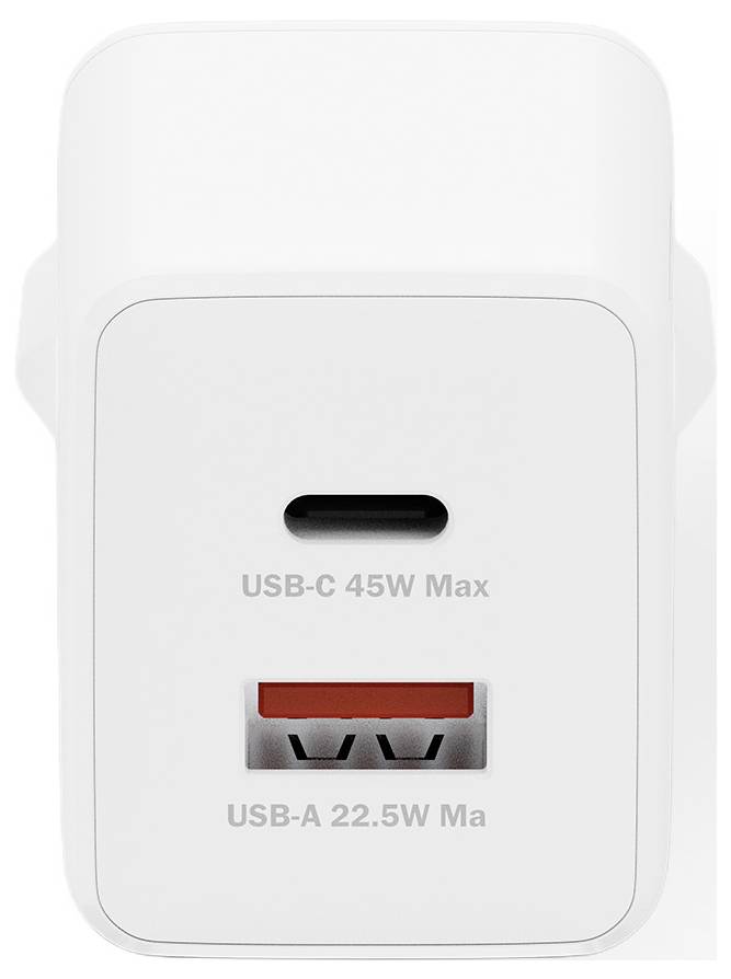 Un adaptateur de charge blanc avec un port USB-C étiqueté « USB-C 45W Max » et un port USB-A étiqueté « USB-A 22.5W Max ».
