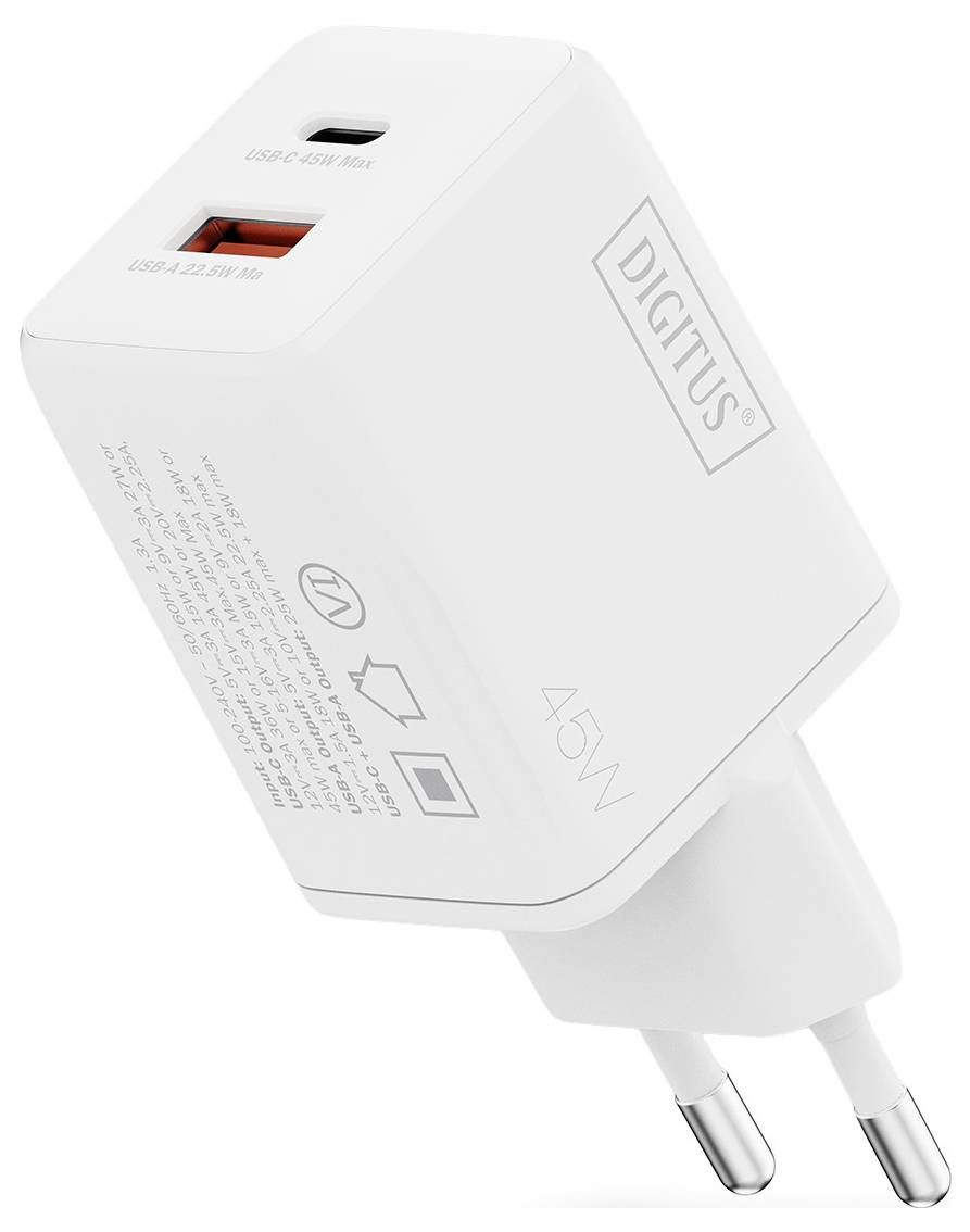 Un chargeur mural blanc de 45W avec ports USB-C et USB-A, présentant le logo de marque « DIGITUS » sur le côté et des icônes de sécurité sur la surface.